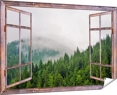 Gards Tuinposter Doorkijk Groen Bos met Bomen tijdens de Mist - 180x120 cm - Tuindoek - Tuindecoratie - Wanddecoratie buiten - Tuinschilderij