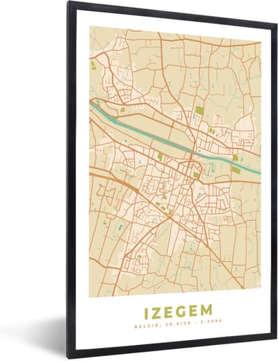 Fotolijst incl. Poster - Plattegrond - Kaart - Stadskaart - Izegem - Vintage - 40x60 cm - Posterlijst