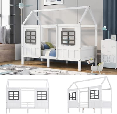 VVBV Huisbed 200x90 cm met Voor Kinderen/Tieners, Huisdesign - USB - Massief Hout/MDF Wit