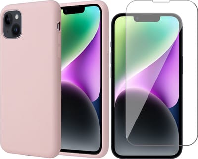 Hoesje geschikt voor iPhone 14 - Matte Back Cover Microvezel Siliconen Case Hoes Roze - Tempered Glass Screenprotector