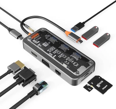 Docking station, 10 in 1 USB C dual monitor docking station met HDMI 4K en vga-interface, 3,5 mm audio-interface, 100 watt PD oplaadfunctie, multi-poort ethernet adapter geschikt voor Windows MacBook Air Pro, dell, hp, 1 set, grijs