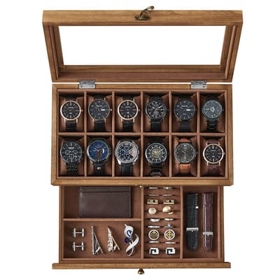 SONGMICS - Horloge Doos - Met 12 Vakken - Massief Houten Kist met Glazen Deksel - Inclusief Horlogekussens