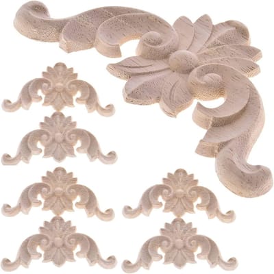 Vintage Houten Ornamenten voor Meubels - Gegraveerde Sculpturen en Onlay Decoratie - Set van 6 Onbehandelde Houten Applicaties voor Interieurdecoratie