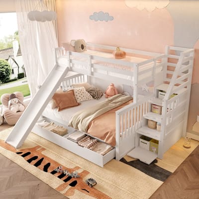 MEUNIQ Stapelbed 90 x 200 en 140 x 200 met glijbaan, trap met leuningen, 2 lades en opbergruimte, kinderbed voor kinderkamer, wit