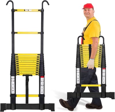 Telescopische ladder - Uitschuifbare ladder - Klussen en onderhoud - Met 2 afneembare haken - 38 meter hoogte - Zwart