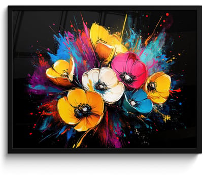 Poster in lijst - Fotolijst 70x50 cm - Posters - Bloemen - Kleurrijk - Graffiti - Modern - Boeket - Posterlijst zwart - Decoratie - Wanddecoratie woonkamer - Muurdecoratie slaapkamer