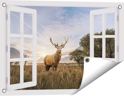 Gards Tuinposter Doorkijk Hert in het Landschap - 60x40 cm - Tuindoek - Tuindecoratie - Wanddecoratie buiten - Tuinschilderij