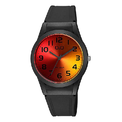 Q&Q V25A-004VY - Horloge - Sport - Analoog - Unisex - Plastic band - Rond - Kunststof - Cijfers - Zwart - Rood - Oranje - 10 ATM