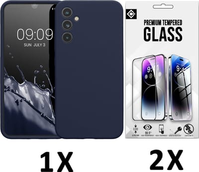 Casemania Hoesje Geschikt voor Samsung Galaxy A35 - Blauw + 2X Glazen Screenprotector - Liquid Siliconen Back Cover