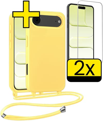 Hoesje Geschikt voor iPhone Air Hoesje Met Koord Met 2x Screenprotector Siliconen Case - Hoes Geschikt voor iPhone Air Backcover Met Afneembaar Koord - Geel