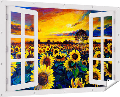 Gards Tuinposter Doorkijk Getekende Zonnebloemen Veld met Olieverf - 180x120 cm - Tuindoek - Tuindecoratie - Wanddecoratie buiten - Tuinschilderij