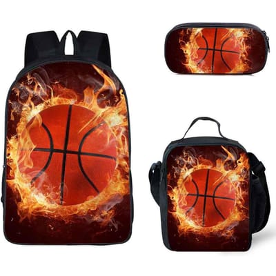 Klassiek Populair Grappig Vuur Basketbal 3D Print 3 stuks/Set leerling Schooltassen Laptop Dagrugzak Rugzak Lunchtas Etui