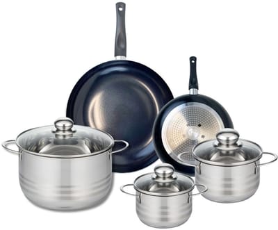 Set van 2 Koekenpannen 20 en 28 cm en 3 kookpotten 14, 16 en 24 cm Elo Prima Glanzend