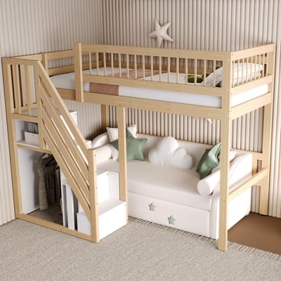 Sweiko Hoogslaper - 90 x 200 cm - Met opbergruimte - Houten kinderbed - Natuurlijke + Wit (Zonder bank)