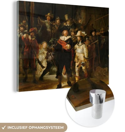 MuchoWow® Glasschilderij 160x120 cm - Schilderij acrylglas - De Nachtwacht - Schilderij van Rembrandt van Rijn - Foto op glas - Schilderijen