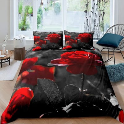 Rode Roos Dekbedovertrek Set Roos Bloemenprint Beddengoed Set Romantische Frisse Stijl King Size Dekbedovertrek met Kussenslopen voor Geliefden 70x133cm 2pcs