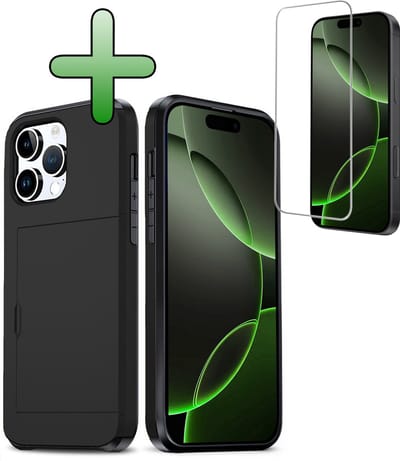 Hoes Geschikt voor iPhone 16 Pro Hoesje Hard Case Met Pas Houder Met Screenprotector - Hoesje Geschikt voor iPhone 16 Pro Hoes Shockproof Hard Cover Met Kaarthouder - Zwart