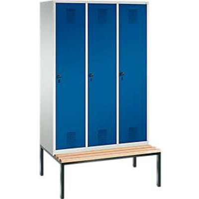 kleerkast Evolo S 3000, bankje onderin, 3 compartimenten, staal, veiligheidsslot, lichtgrijs/enziumblauw, draaibaar slot, lichtgrijs/enziumblauw