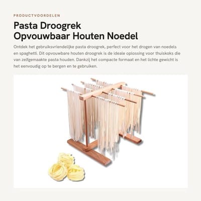 Pasta Droogrek Opvouwbaar - Beukenhout - 8 Beugels - 30,3 cm Hoogte - 28 x 30 cm Onderkant - Efficiënt Drogen - Noedelrek