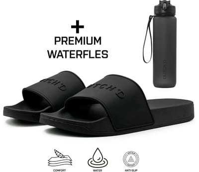Dutch'D ® Rubberen slipper + Handige Waterfles! - Zwart - Maat 37/38 - anti slip - Comfortabel - Dubbele maten - unisex - Heren Badslipper - Slippers - Badslippers