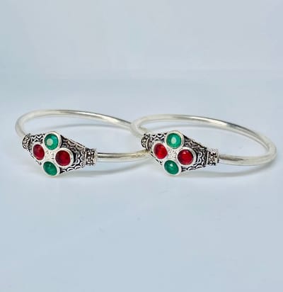 N3 Collecties 999 Zilveren Baby Unisex Bangle Met Groen Rood Zirkonia