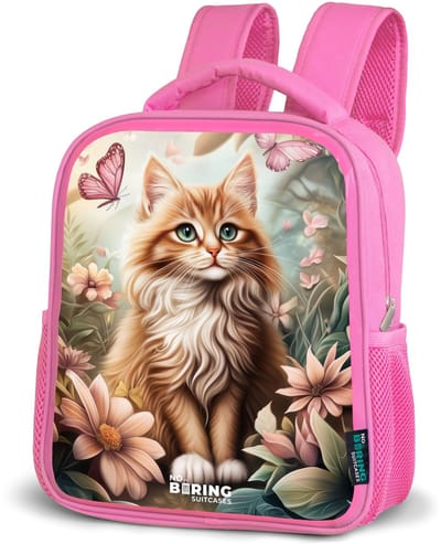 NoBoringSuitcases.com® - Rugzak roze - Schooltas meisjes - Kat in bloemenveld met roze vlinders. - Kinder rugtas meisje - Boekentas kind - Kinderrugzak voor school - Schoolrugzak