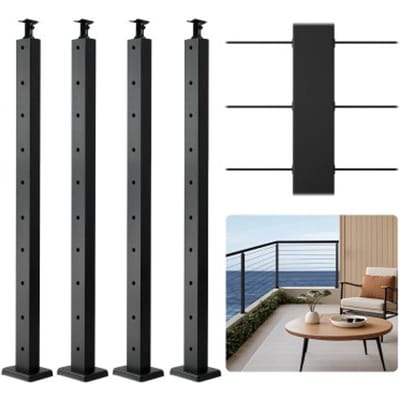 VEVOR Kabelleuningpalen, Set van 4, 914x25,4x50,8 mm, Voorgeboorde horizontale gaten, Roestvrij staal SUS304, Gebogen horizontale beugel, voor leuning, balustrade, Zwart, 4JZLGZXHS914UUOI6001V0