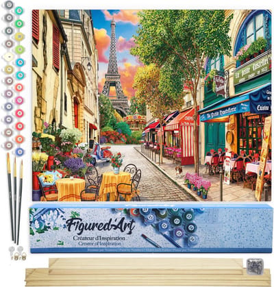 Figured'Art Schilderen op Nummer Volwassenen canvas Straat in Parijs - Handwerk acrylverf Kit DIY Compleet - 40x50cm met DIY houten lijst