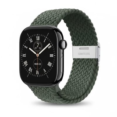 Olijfgroen nylon horlogebandje geschikt voor Apple Watch dames en heren 42mm (serie 1 / 2 / 3) / 44 mm / 45 mm / 46 mm (serie 10 / 11) / 49 mm (Ultra / Ultra 2) , elastisch smartwatch bandje zonder gesp, gevlochten stretch vervangend horloge bandje