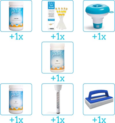 Zwembad Onderhoudspakket - Onderhoud Zwembad - bevat Chloor - Testrips - Chloordrijver - PH-min - PH-plus - Thermometer en Scrubborstel (7-delig)