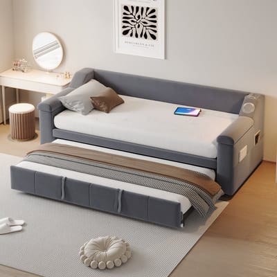 REDOM Slaapbank 180x190 cm van fluweel – Met uitschuifbed, Bluetooth-audio, USB en opbergvakken – Grijs