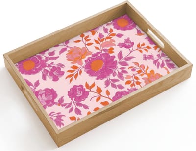 Dienblad hout 40x30 cm - Schootdienblad - Bloemenpatroon - Roze - Oranje - Bloemen - Borrelplank rechthoek - Plateau dienbladen
