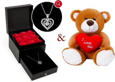 Bloemen & Teddybeer & Silverplated Hartjes Ketting | Ketting Dames |Sieradendoos | Vrouw | Vriendin | Moeder | Dochter | Verjaardag | Cadeau | Geschenkset Vrouwen | Juwelendoos | Rozenblaadjes | Geschenkdoos |