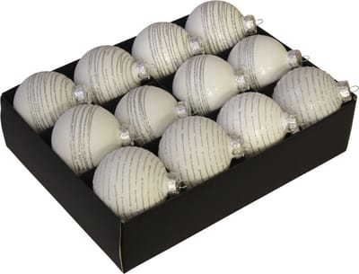 Othmar Decorations Luxe kerstballen - gedecoreerd - 12x st - wit - D7,5 cm - glas - kerstversiering