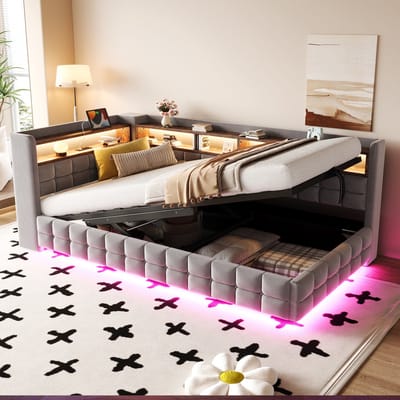 Slaapbank 90x200 cm - met opbergruimte - boekenplank - LED-lamp - stopcontact - USB- en Type-C-oplaadpoort - lichtgrijs - zonder matras