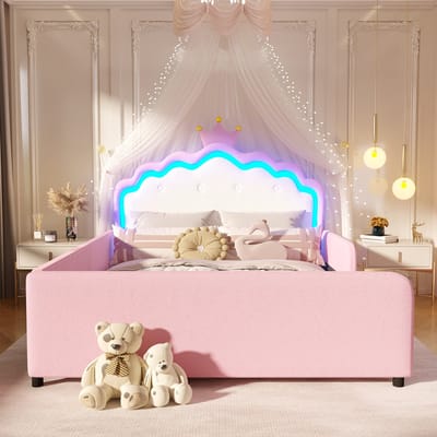 Gestoffeerd bed 140x190 cm - met LED-verlichting - kroonvormig prinsessenbed - veiligheidsrail - roze - zonder matras