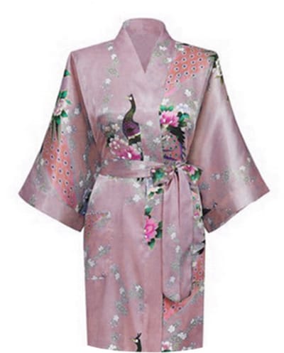 KIMU® Kimono Mauve Kort - Maat S-M - Yukata Satijn Boven de Knie - Korte Paars Taupe Ochtendjas Japanse Kamerjas Sexy Satijnen Badjas Geisha Bloemen Festival