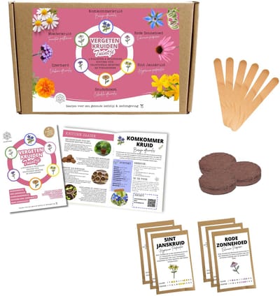 Geneeskrachtige kruiden - Moestuinbox - Moestuinzaden - Biologisch - Geneeskrachtig - bijzondere zaden - Sint Janskruid - Valeriaan - Borage - Calendula - Echinacea - Bijvoet - Cadeau Box