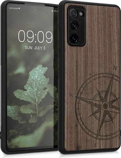 kwmobile telefoonhoesje geschikt voorSamsung Galaxy S20 FE - Hoesje met bumper - hout - In donkerbruin Vintage Kompas design