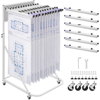 VEVOR Mobiel Opbergrek voor Blauwdrukken, Verstelbare Blauwdrukhouder met 6 Aluminium Klemmen (610 mm), Presentatiestandaard, Opbergrek voor Dossiers, Tekeningen, Posters, Kantoor, Thuis
