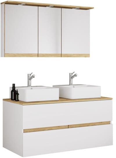 VCM 4-tlg. Doppelwaschtisch Cosila mit 2 Keramikbecken – Badschrank H. 51 x B. 111 x T. 51 cm mit 2 Softclose-Schubladen, Spiegelschrank mit Beleuchtung & Steckdose, Waschplatz Set Cosila-A