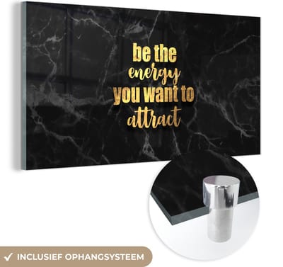 MuchoWow® Glasschilderij 40x20 cm - Schilderij acrylglas - Quotes - Energie - Goud - Marmer - Foto op glas - Schilderijen