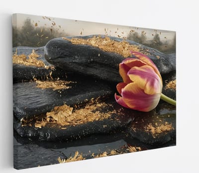 Saammp Canvas Schilderij - Tulp op Steen - Rust - Abstract - 45x30 - Foto op canvas - Wanddecoratie - Muurdecoratie Woonkamer - Kantoor Decoratie