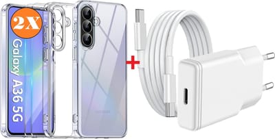 USB C Adapter - oplader - USB C Snellader 20W Met 1m Kabel - Hoesje Geschikt voor Samsung Galaxy A36 hoesje transparant Anti Shock silicone met 2x screenprotector- Ntech COMBI-SET