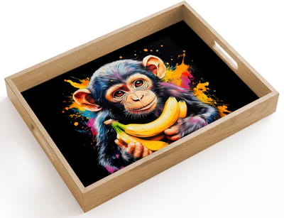 Dienblad hout 40x30 cm - Schootdienblad - Aap - Graffiti - Kleurrijk - Bananen - Modern - Borrelplank rechthoek - Plateau dienbladen