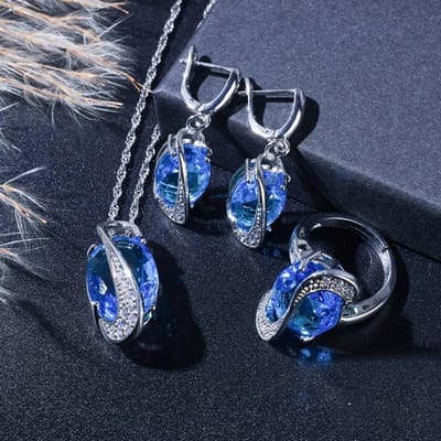 Ensembles de Bijoux Exquis en Cristal Bleu Ciel Plaqué pour Femmes Boucles d'Oreilles Collier Bague Bracelet Cadeau de Mariage 7 black