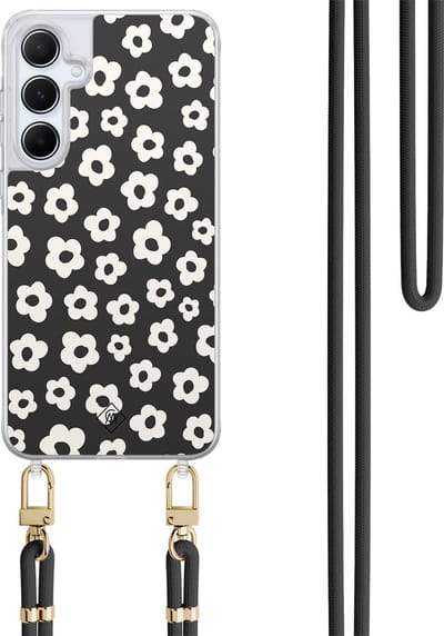 Casimoda® hoesje met koord - Geschikt voor Samsung A15 - Retro Bloempjes - Afneembaar koord - TPU/polycarbonaat - Zwart