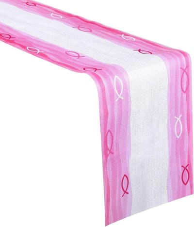 Decoratieve Tafelrunner voor Doop en Communie met Vissen Motief in Roze Waterverf - Tafelversiering voor Bevestiging en Meisjes, Linnen Look Tafelband