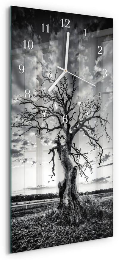 Tulup Wandklok - Boom Wandklok Glas Met Motief - 30x60 cm - Grijs Decoratieve Glazen Klok - Witte Handen - Rechthoekige Wandklok - Glazen Klok Met Print - Wandklok Glas Met Motief