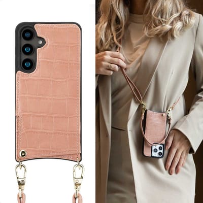 Selencia Nova Croco Telefoonhoes met Koord en Pashouder voor de Samsung Galaxy S24 - Old Pink